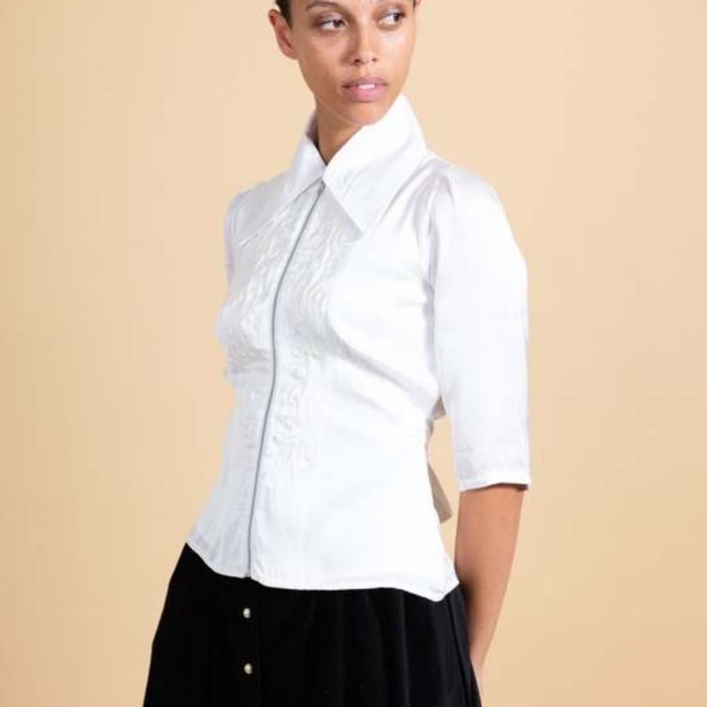 NWT batsheva white satin Florian blouse floral zipper 12
